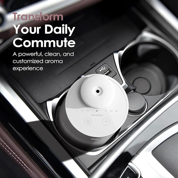 Airversa Waterless Diffuser for Essential Oil, Car Diffsuer, Battery Operated Nebulizer, 0.7 Fl Oz/ 20mL, Mini Scent Air Machine, 3 Timers & 3 Mist Levels for Home, Room, Car, Office - AN6 White