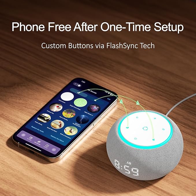Hotmoon Alarm Clock with Sound Machine for Sleep, Luna Pro Dual-Stage Alarm, 507 Relaxing Sounds, Smart Night Light & Timer, Pink Green Brown White Noise Machine for Sleeping, Plug in, Cool Gray