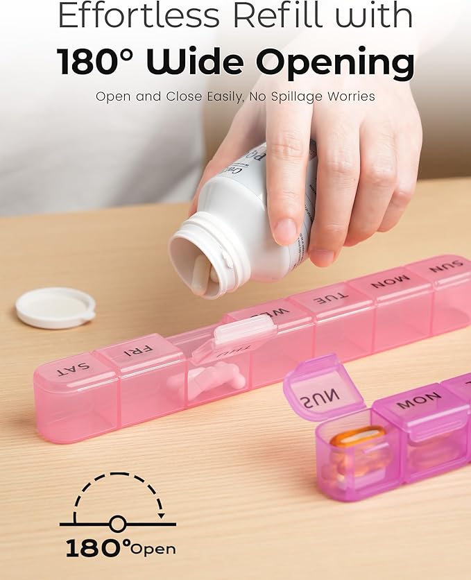 2-Pack Weekly Pill Organizer, 7 Day Large Pill Box with Clear Compartments, BPA-Free Medicine Case, Easy Open & Secure Close, Travel Pill Holder for Vitamins & Supplements - Pink&Purple