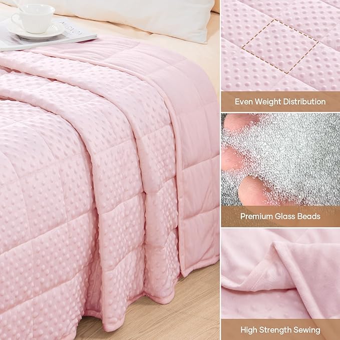 Wemore Minky Dot Weighted Blanket for Adults Twin Size 15 lbs, Soft Cozy Heavy Blanket for Stress Relief and Sleep Promotion, Breathable Blanket for All-Season with Glass Beads, Pink 48 x 72 inches