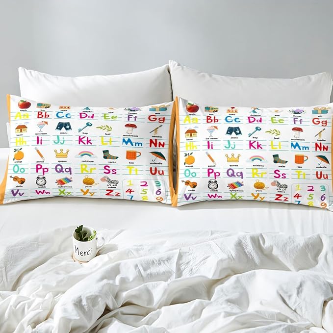 ABC Alphabet Bed Sheet Set Full Size, Cute Educational Learning Tool Fitted Sheet for Kids Toddler Cartoon Animal Bedding Set Learning Educational Bed Cover Lightweight Bed Set (No Flat Sheet)