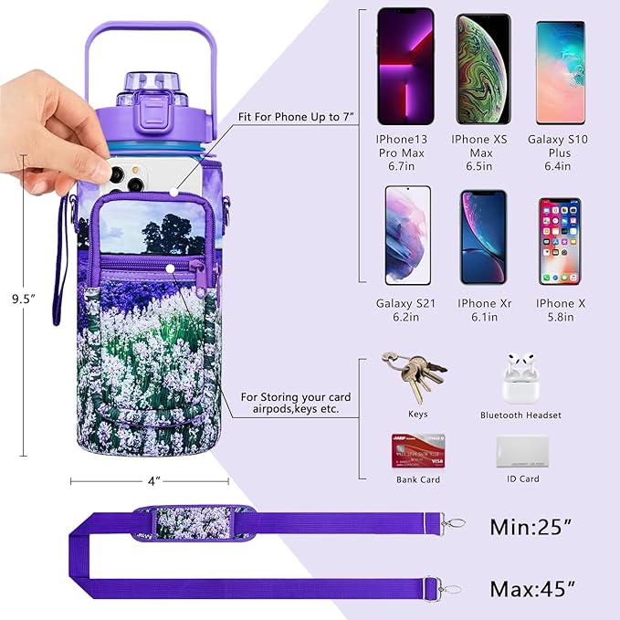 Lavender Half Gallon Water Bottle With Sleeve - BPA Free 64 OZ With Time Marker - Leakproof Jug for Motivational Workout, Office, Gym, Outdoor Hiking, Travel