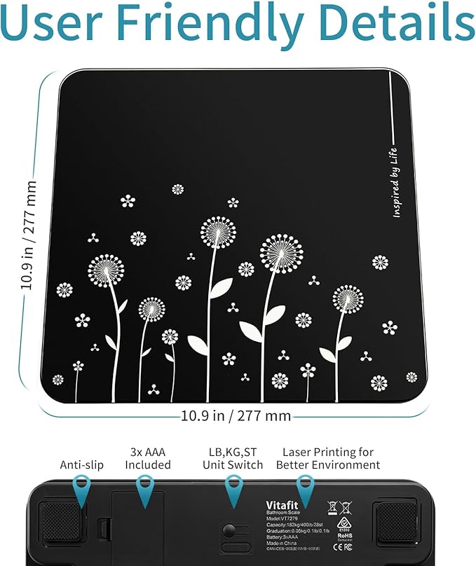 Vitafit Digital Bathroom Scale for Body Weight, High Precision in 0.1lb Assured by Weight Scale Professional Factory Since 2001, White LED and Step-On, 3*AAA Batteries Included, 400lb/182kg, Black