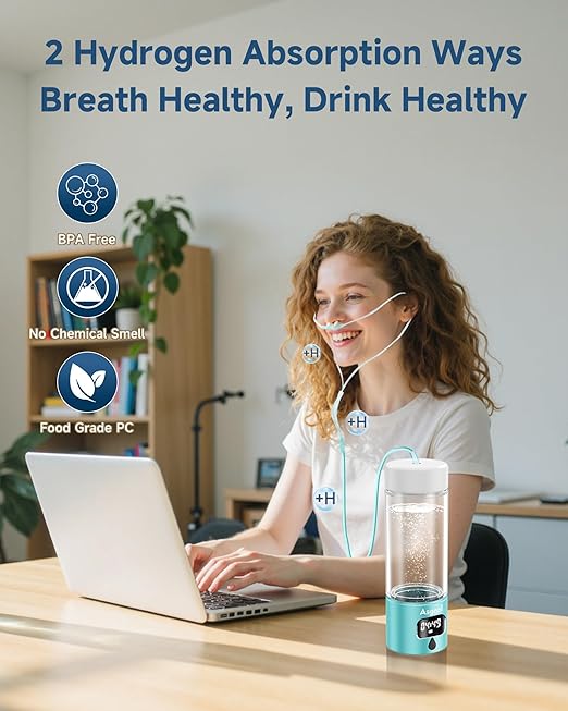 Hydrogen Water Bottle - Portable Rechargeable Water Bottle with LED Timer, Aluminum and Glass, 5000 PPB Hydrogen Production, Gift for Husband Wife Father Friend Client (CyanBlue, 11.6Oz)
