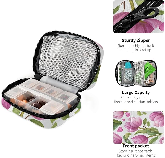 Romantic Pink Tulips and Hearts Travel Pill Organizer Case Box Container Weekly Portable Vitamin Medicine Holder Storage Bag with Zipper Removable