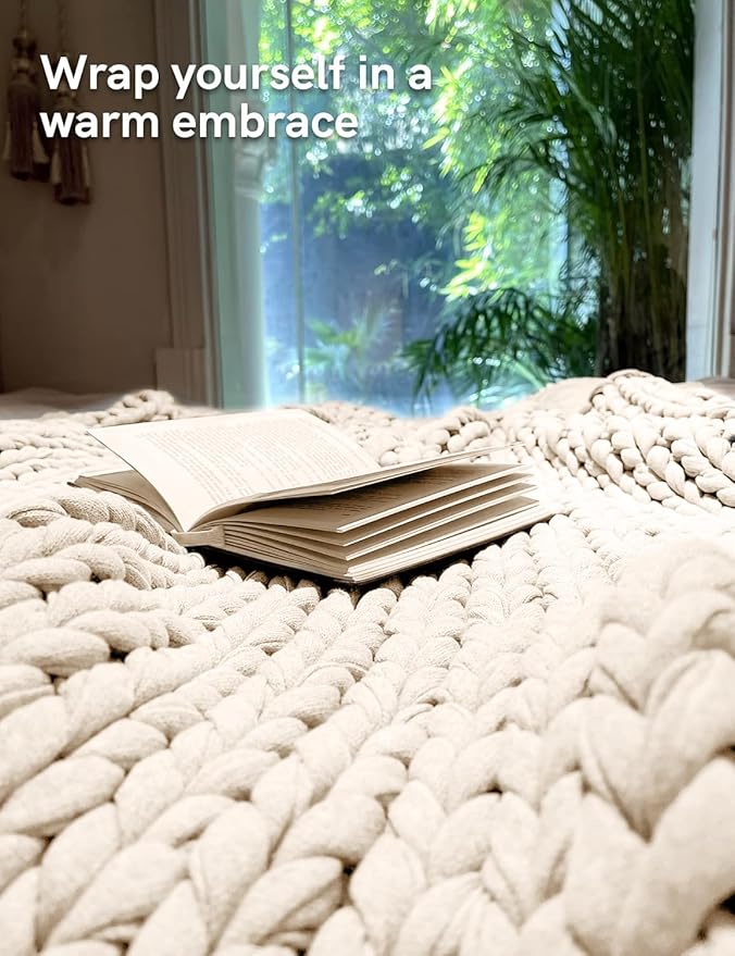 YnM Cotton Weighted Blanket, Handmade Chunky Knitted Design, Soft and Cozy, Temperature Regulating and Breathable, Machine Washable Throw for Sleep or Home Decor (Cream White, 48x72 Inch, 20lbs)