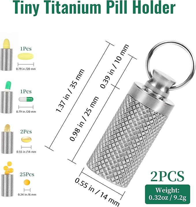 TISKY 2Pack Titanium Keychain Pill Holder Container,Waterproof Portable Pill Box Case for Purse or Pocket, Pill Fob Medicine Organizer for Outdoor Travel