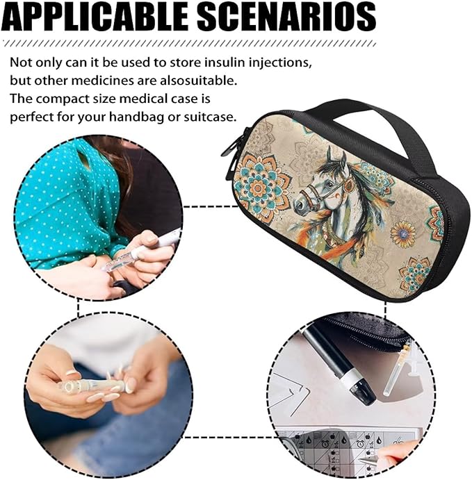 Bohemian Horse Diabetic Supplies Travel Case Insulin Pen Cooler Case Medication Insulated Organizer for Glucose Meter and Diabetic Supplies Diabetic Supplies Bag Carrying Cases