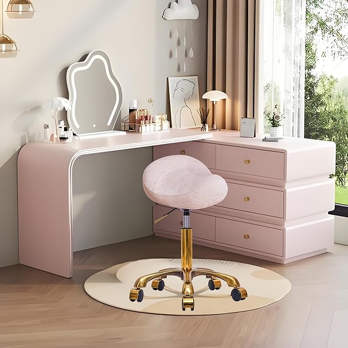 Saddle Stool Gold Rolling Stool with Wheels, PU Leather Roller Vanity Chair, Height Adjustable Swivel Saddle Chair for Pedicure, Tattoo, Massage, Salon, Spa (Pink)