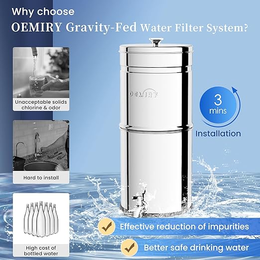 Gravity Water Filter System, 2.25G Stainless Steel Countertop System Water Purifier with Stand, Reduce 99% Chlorine for Home Camping Backpacking RVing, 2 Carbon and 2 Fluoride Filters