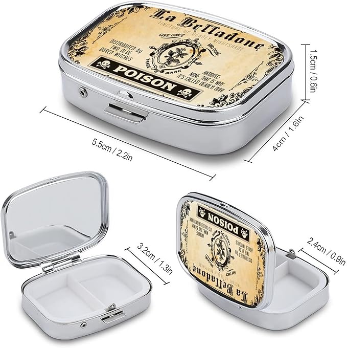 Metal 2 Compartment Pill Organizer Travel Friendly Portable Compact Box Cute Case to Hold Vitamin/Tylenol/Fish Oil/Supplements/Meds/Tablet for Purse/Pocket (Vintage Poison), 1.97x0.79x0.39''