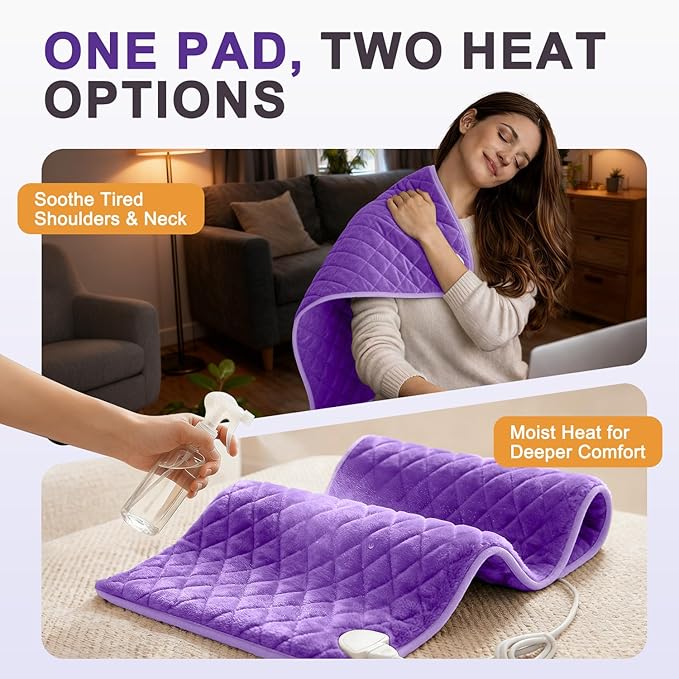Heating Pad for Period Cramps Relief - 35"x20" Extra Large Electric Heating Pad for Back, Neck and Shoulder, Moist & Dry Heat, Adjustable Temperature, Timer Auto Shut-Off, Machine Washable (Purple)