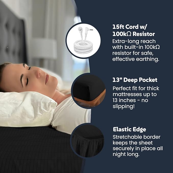 OKOHEY Grounding Fitted Sheets with 15ft Earthing Cord, King Size, 90% Organic Cotton + 10% Silver Fiber, Soft & Breathable Grounded Sheet for Better Sleep and Enhanced Wellness, Black