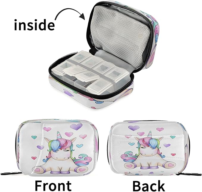 Fantasy Animal Unicorn Pill Box 7 Day Pill Case Travel Pill Organizer Bag with Zipper Portable Weekly Case Compact Size for Vitamin Supplement Holder