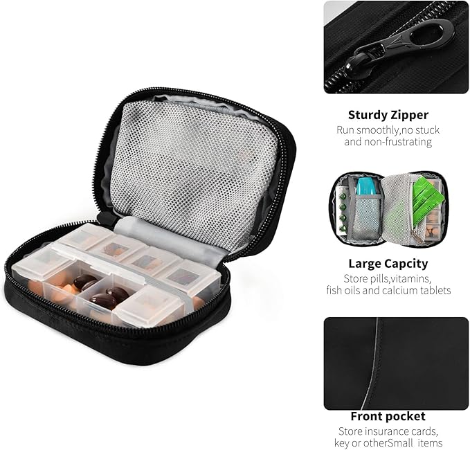 Basic Travel Pill Case 7 Day Pill Organizer Black Pill Case Portable Weekly Pill Box Bag Container Vitamin Supplement Holder with Zipper for Family Business