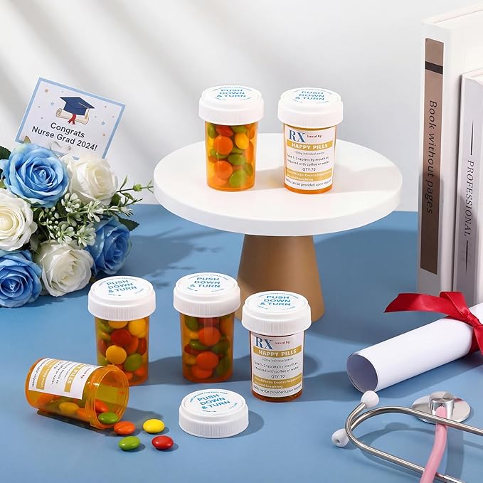 50 Set Nursing Halloween Party Supplies 50 Empty Pill Bottles with Caps Plastic Medicine Containers with 50 Sticky Label Pill Vial for Nurse Party Favors Serve (20 Dram)