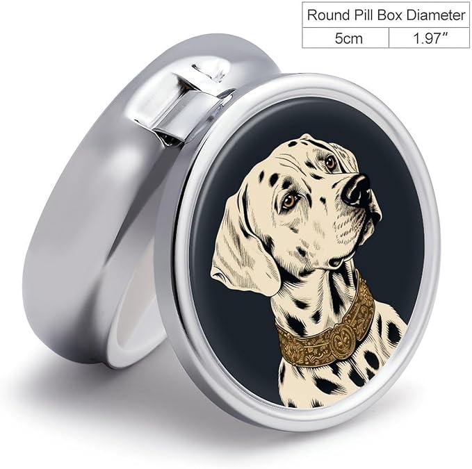 Vintage Painting of Dog Pill Box 3 Compartment Small Pill Case Portable Pill Box for Pocket Or Purse Round Metal Pill Box Cute Medicine Organizer Holder to Hold Vitamins Medication