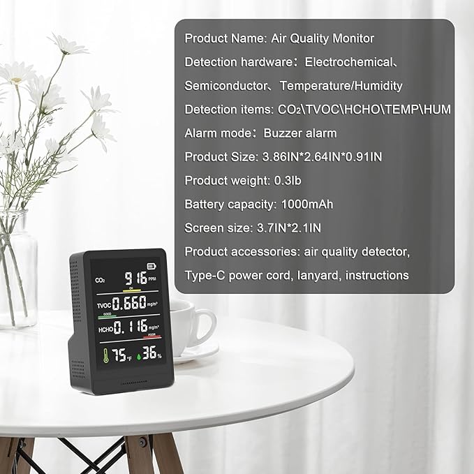 5-in-1 Air Quality Monitor Indoor with Buzzer Alarm, C02 Monitor, Temperature/Humidity/TVOC/HCHO Detector, Battery Powered Air Quality Tester for Home Office or School