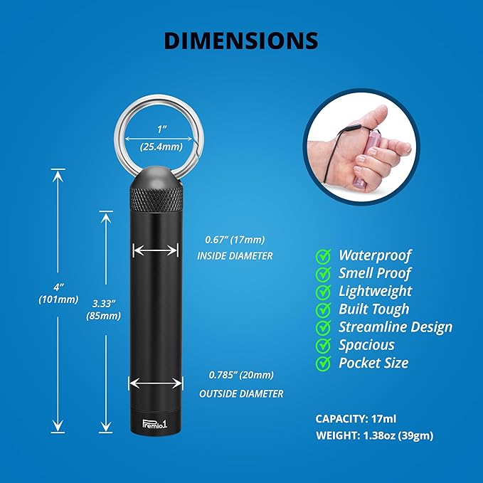 Regular Size 4” Storage Tube, Odor Locking Smell Proof, Waterproof Container, Medication Pills Supplements etc… Holds up to 85mm Length, Outdoor EDC Metal Holder, Pocket Size Travel - Black