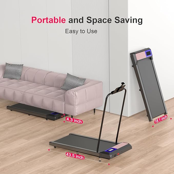 Walking Mat Pad With Incline and Handle Bar, Treadmill with Handles, 4 in 1 Under Desk Treadmill, 2.5HP Low Noise Compact Treadmills Small Space with Remote Control,Portable Treadmills for Home Office