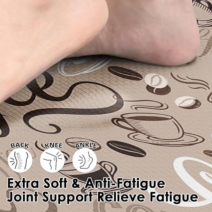 Arttown Coffee Cute Cafe Anti-Fatigue Kitchen Rug Set of 2 Cup Brown Farmhouse Vintage Cushioned Floor Standing Mat Waterproof Non-Slip Kitchen Mat and PVC Ergonomic Comfort Foam Rug