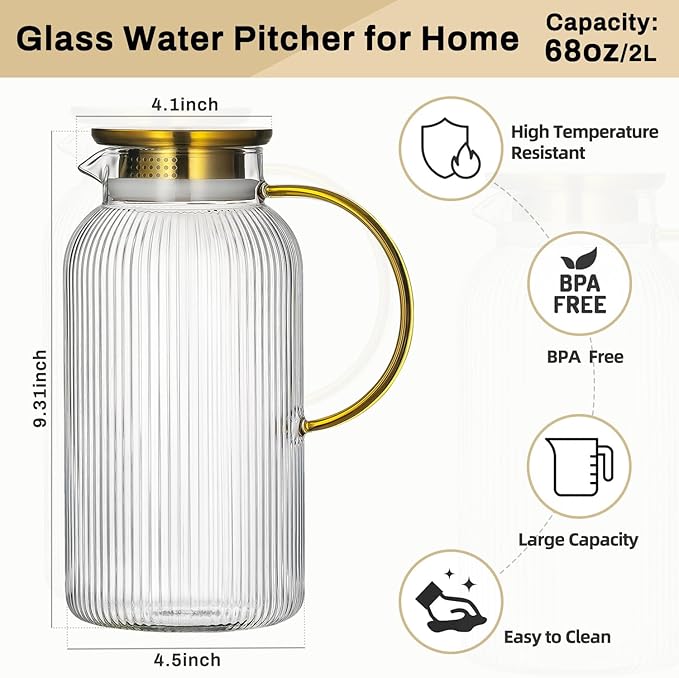 2 PACK Glass Pitcher with Lid, 68 oz/ 2 Liter Classic Vertical Stripes Water Pitcher with Handle,Glass Water Carafe for Cold Brew, Coffee, Lemonade, Iced Sun Tea,Beverage,Heat Resistant