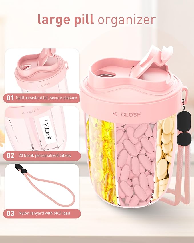 Large Pill Organizer with 7 Compartments，Anti-Mix Pill Box,with Wide Openings Design，Easy to Use，Includes 20 Pcs Labels,BPA-Free Pill Dispenser（Pink&Gray）