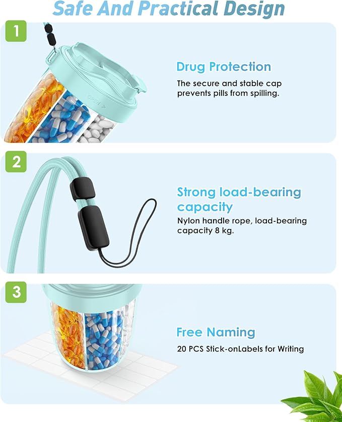 Large Pill Dispenser to Store 7 Various Supplements - Pill Organizer & Supplement Organizer for Travel, Anti-Mixing Design, BPA-Free with Strap & 20 Sticky Labels (Black&Blue)