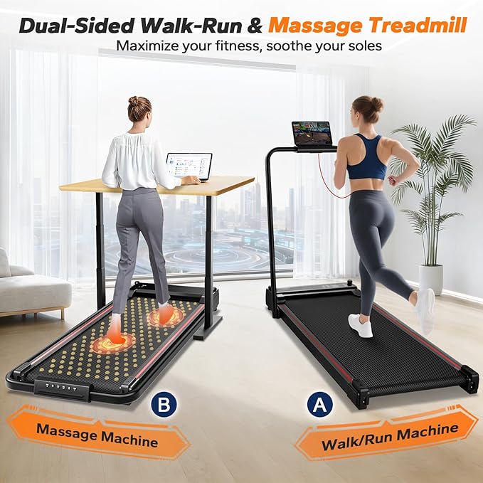 Walking Pad with Handle Bar Dual-Side Under Desk Treadmill for Home Small with Foot Massage 3.0HP Portable Treadmill Compact Treadmill with APP, Remote Control, LED Display, 350 lb Capacity