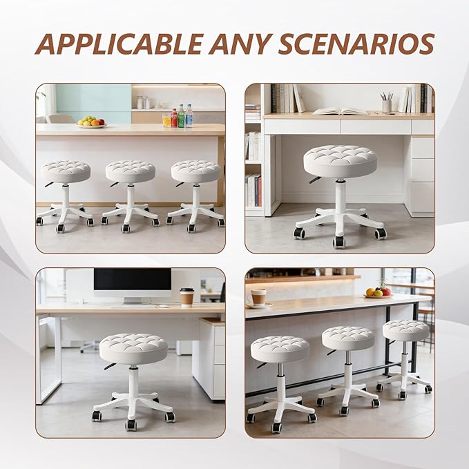 Small Rolling Stool with Wheels, PU Leather Height Adjustable Vanity Work Task Stool, 360 Swivel, Padded Seat Cushion,for Salon, Home, Office