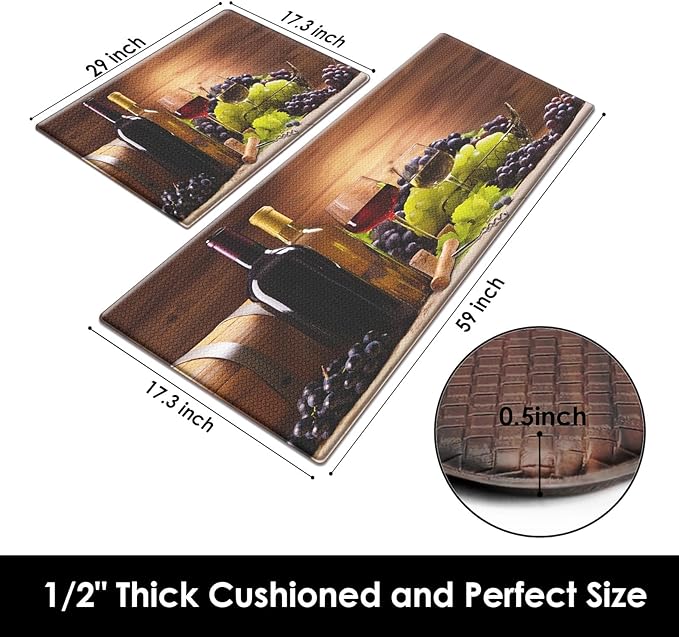 Anti-Fatigue Wine Kitchen Rug Set of 2 Cushioned Grape Kitchen Mats for Floor, Retro Standing Mat Waterproof Non-Slip Kitchen Mats and Rugs PVC Ergonomic Comfort Foam Decor for Kitchen