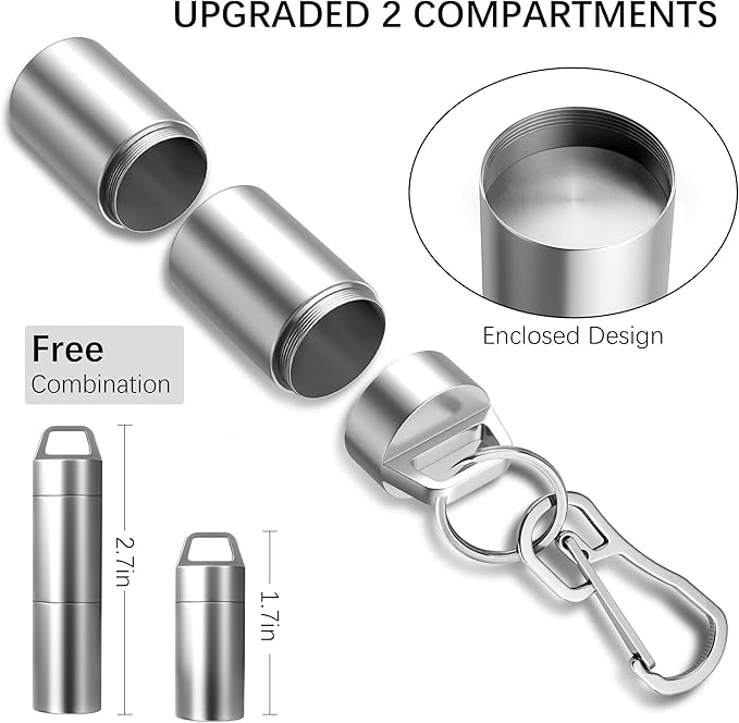 Small Pill Case (2 Compartments Design), Portable Metal Pill Holder Keychain, Waterproof Pill Box Container Mini Stainless Steel Pill Organizer for Travel Purse Pocket