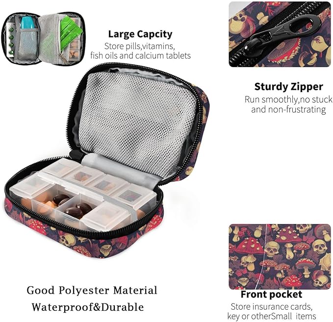 Fustylead Red Amanita Mushrooms Fall Leaves and Skulls Travel Pill Organizer Case Zipper for Purse with Removable Weekly Pill Box for Medicine, Vitamin, Supplement Medicine Organizer