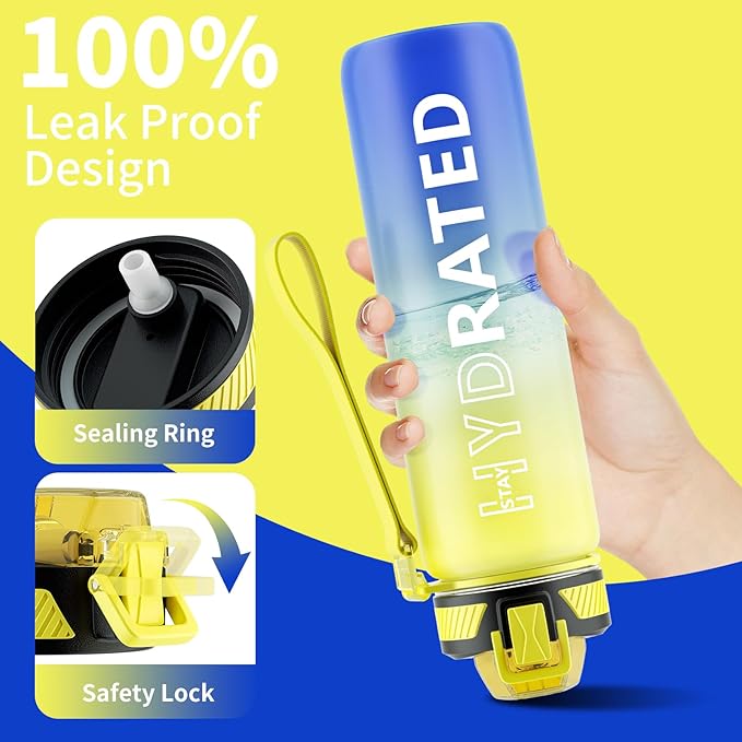 Water Bottle with Straw, 32oz Motivational Water Bottles with Time Marker to Drink, Tritan BPA Free, 1L Sports Water Bottle with Carry Strap LeakProof for Women Gym Fitness Outdoor (1 Pack)