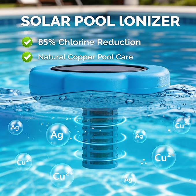 VINGLI Solar Pool Ionizer – Copper Pool Ionizer for Above Ground & Inground Pools up to 45,000 Gallons | Solar Ionizer for Pool with Efficient Water Clarification, 1-Year Warranty (Blue, Upgraded)