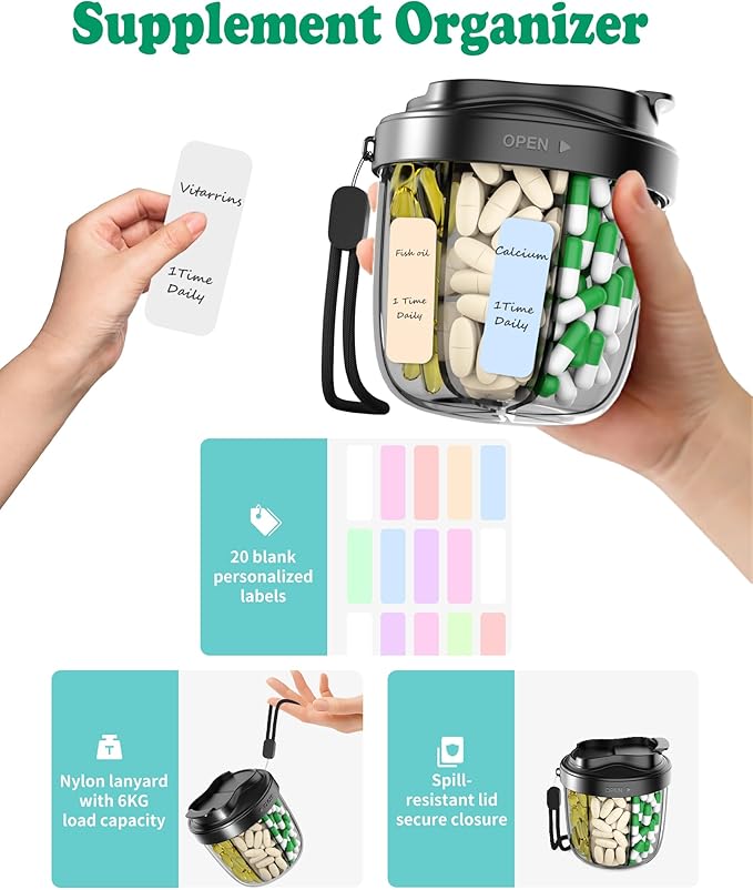 Pill Organizer with 7 Compartments, Pill Box Case for Holding 7 Different Vitamins, Anti-Mix Design for Easy Medication Retrieval. Travel Pill Organizer with 20 Labels. Pill Container (Black)