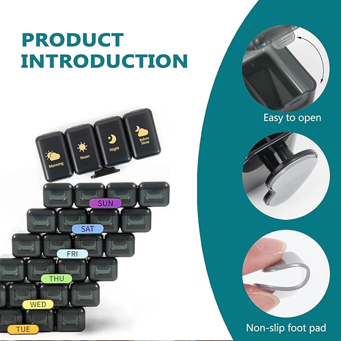 Weekly Pill Organizer 7 Day 4 Times a Day， Large Pill Box Organizer with Drawer Designed， Daily Pill Organizer to Hold Medicine, Medication, Vitamins and Fish Oils (Black)