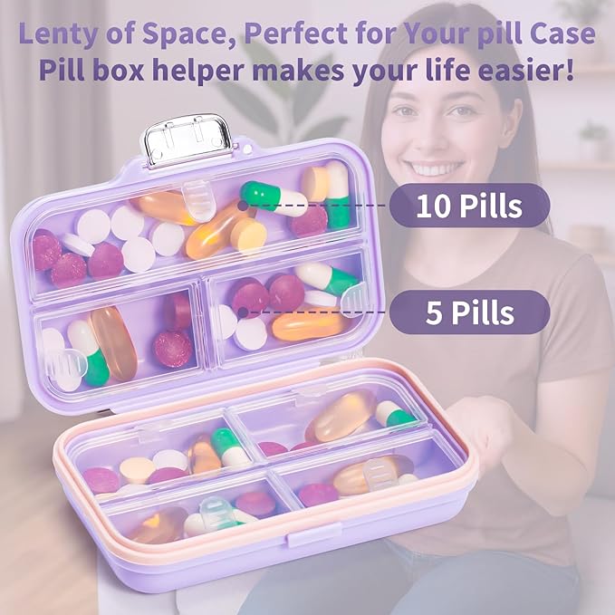 Daviky Travel Pill Organizer,Large 7-Compartment Pill Box for Vitamins & Medications, Compact Medicine Case for Pocket or Purse(Purple)