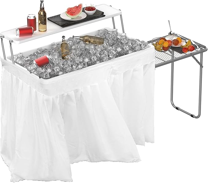 Allpop 2 Tiers Folding Ice Cooler Table with Matching Skirt & Extanded Stand, Portable Party Table with Grid Rack & Drain Hose for Patio Picnic Camping Wedding, White
