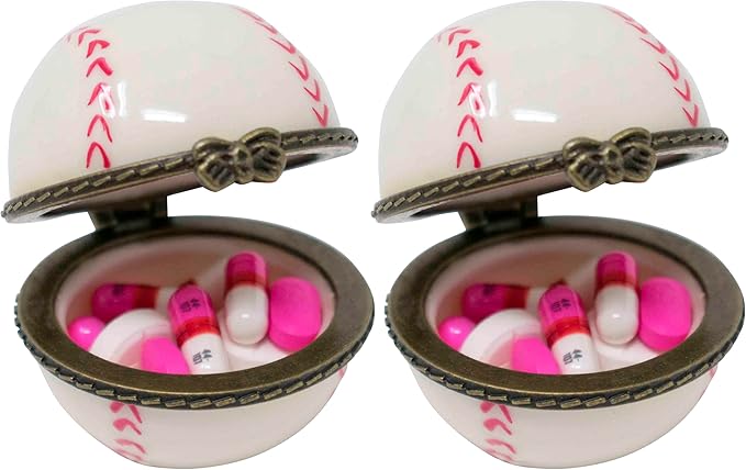 Set of 2 Ceramic Ball-Shaped Compact Pill Box & Organizer (Baseball)