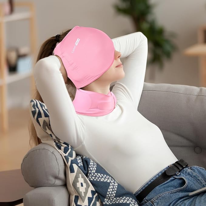 ComfiTECH Cold Cap and Neck Ice Pack Wrap Gel Combo, Care Package for Head and Cervical, Pink