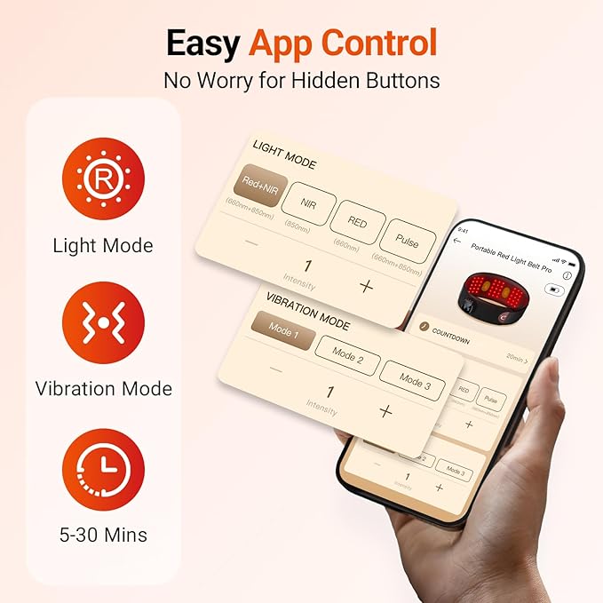 Comfytemp Red Light Therapy Massage Belt with Vibration, Wearable Flexible Near Infrared Lower Back Massager for Waist Belly, Gifts for Women Mom, 660nm & 850nm