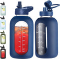 64 oz Glass Water Bottle With Straw and Handle, Half Gallon Sports Motivational Water Jug Flask with Silicone Sleeve, Large Water Cup with Time Marker for Travel, Gym, Navy