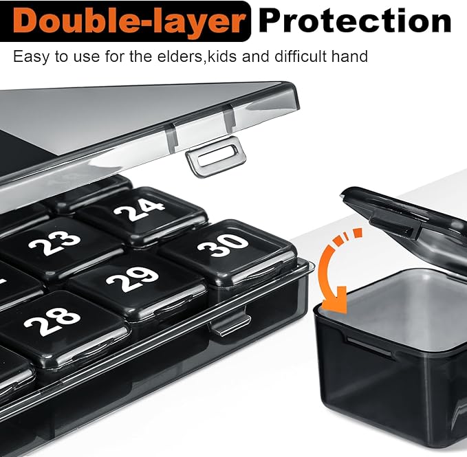 Bokon 3 Pcs Monthly Pill Organizer - 30 Day Medicine Box, 4 Weeks Storage Container, Once a Day Medication Dispenser for Travel, Black