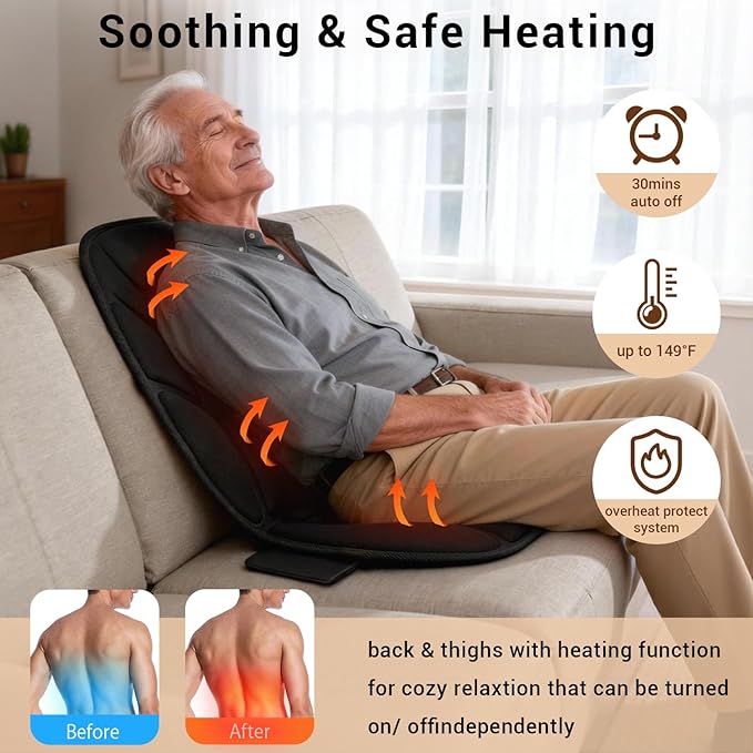 Massage Seat Cushion with Full Back Thighs Heat Back Massager for Chair with 3 Heating Pads 6 Vibrating Motors, Massage Chair Pad for Home Office, Heated Seat Cover Warmer for Pain Relief