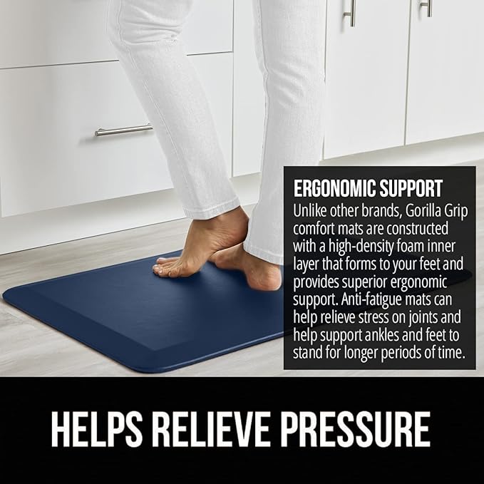 GORILLA GRIP Comfortable Cushioned Kitchen Mats for Floor, 70x24, Waterproof and Stain Resistant Soft Top, 3/4 Inch Thick Ergonomic Standing Desk Anti Fatigue Mat, Foam Supports Feet, Navy Blue