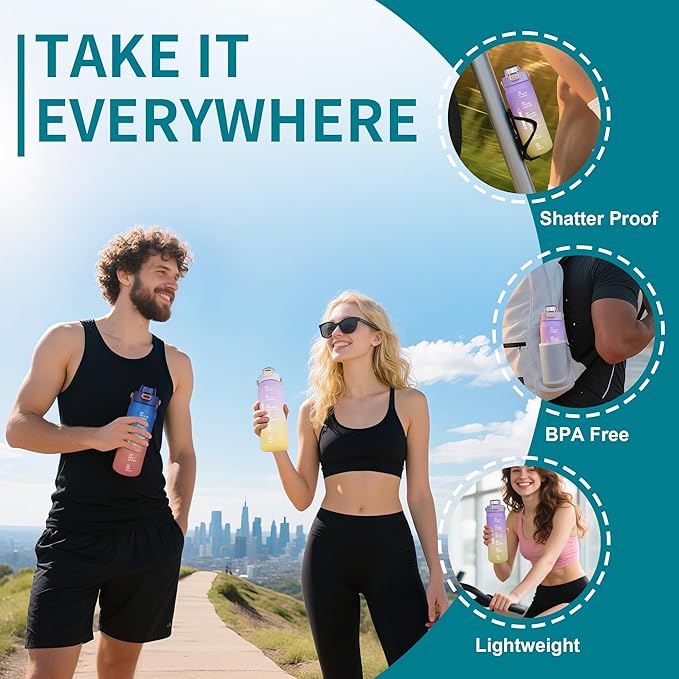 Motivational Water Bottle 32oz with Time Marker- Leakproof & BPA Free Sports Water Bottle with Straw & Carry Strap for Gym, Travel and Outdoor Sports (Purple/Yellow Gradient)