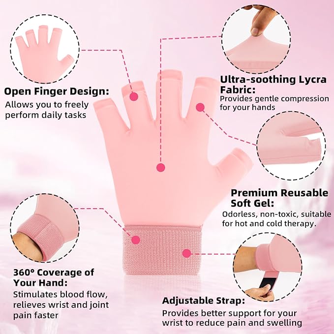 Finger Arthritis Compression Hand Ice Pack Gloves for Pain Relief, Adjustable Pink Wrist Ice Pack for Hot Cold Therapies, Reusable Gel Finger Ice Gloves Sleeve for Tendinitis, Carpal Tunnel