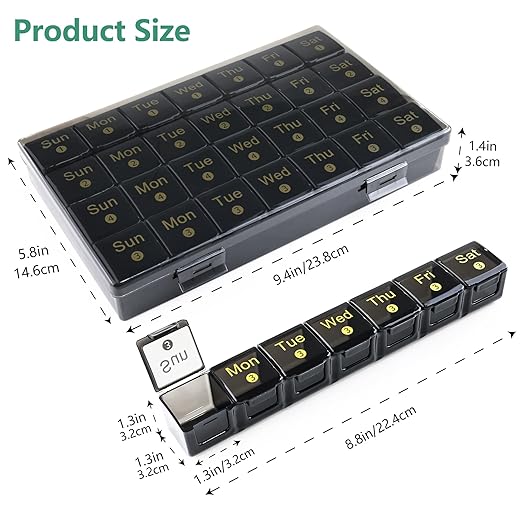 Monthly Pill Organizer 28 Day, 4 Weeks Pill Box 7 Day, XL Weekly Medicine Organizer for Vitamins, Fish Oil, Supplements(Black)