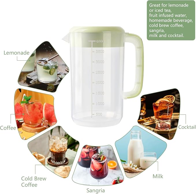 Clear Plastic Pitcher with Lid, 2 Pack Clear Water Pitcher for Cold Drinks, Iced Tea Pitcher for Lemonade, Iced Tea, Milk, Juice, Beverages (1 Gallon 4 Litre)